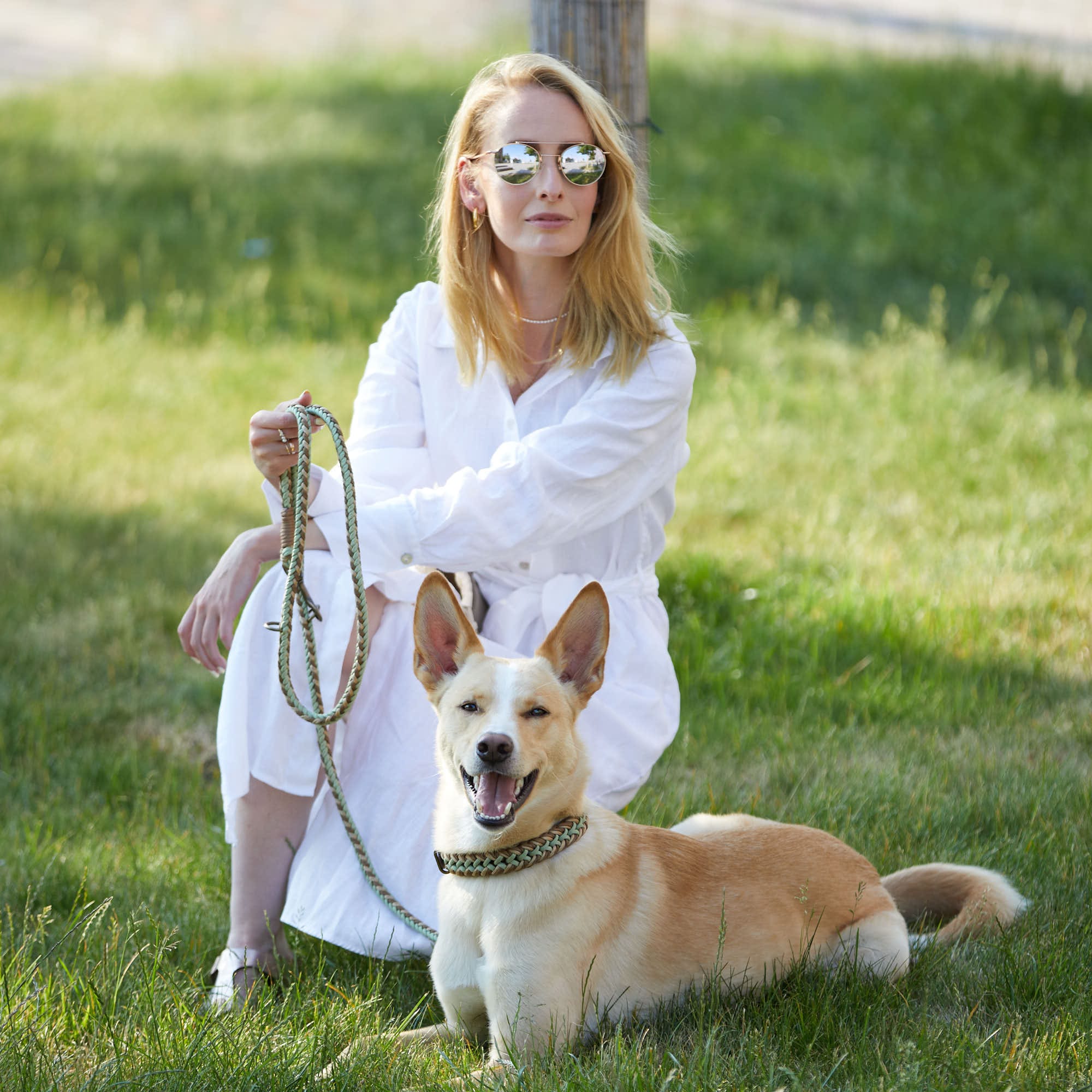 Sommerliche hochwertige Paracord- und Biothane-Hundeleine und Hundehalsband in Braun, Beige und pastellgrün - Verstellbar, robust und ideal für kleine und große Hunde.